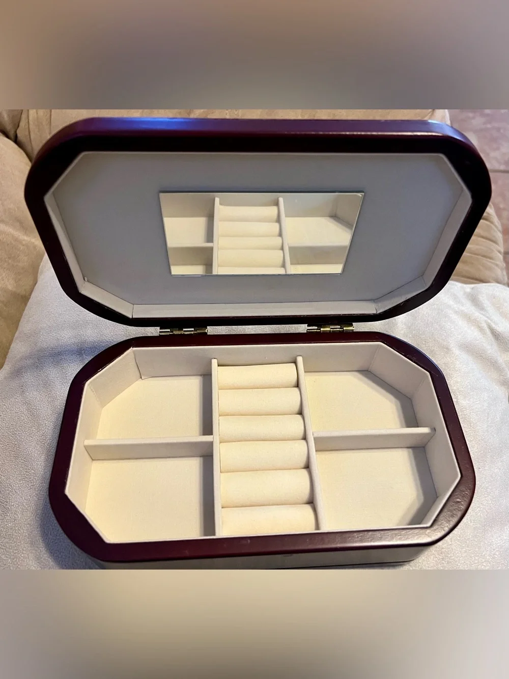 Mele Wood Jewelry Box Burgundy w/ Mirror Velvet Lined Holds 6 Rings 9.5x4